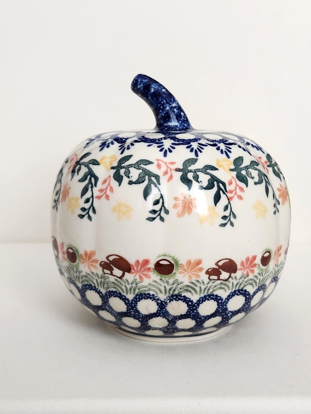 Polish Pottery Autumn Leaves & Mushrooms Fall Pumpkin - 6" tall - Picture 1 of 5